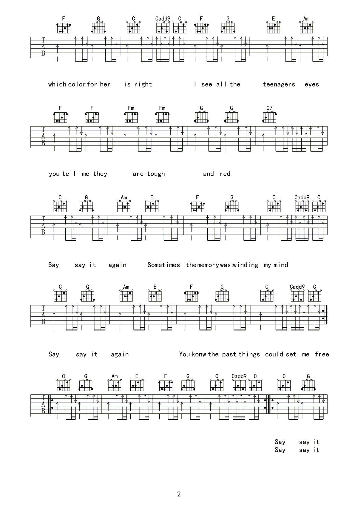 《Say it again 盘尼西林乐队 C调高清弹唱谱吉他谱》_群星_C调 图二