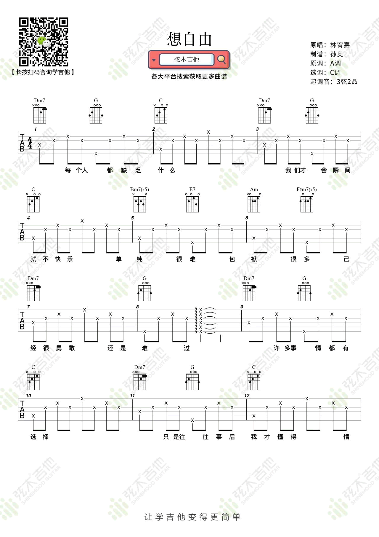 想自由吉他谱,姚若龙郑楠歌曲,简单指弹教学简谱,弦木吉他六线谱图片