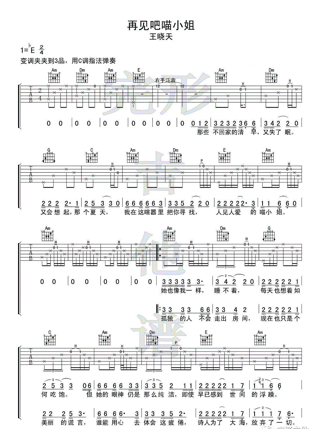 《再见吧喵小姐吉他谱》_王晓天__图片谱完整版_E调 图一